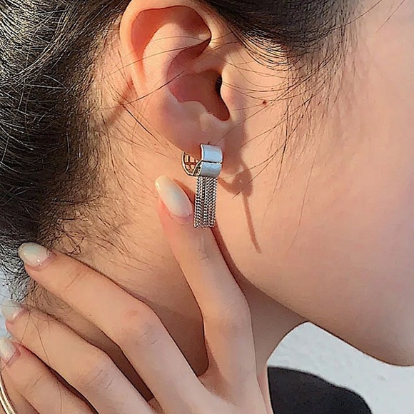 Sterling Silver Chain Tassel Fringe Punk Earrings - Picture 4 of 6